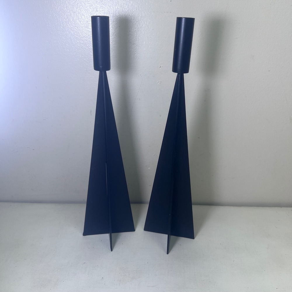 Vtg Black Brutalist Geometric Black Candle Holder PAIR Taper Heavy Industrial